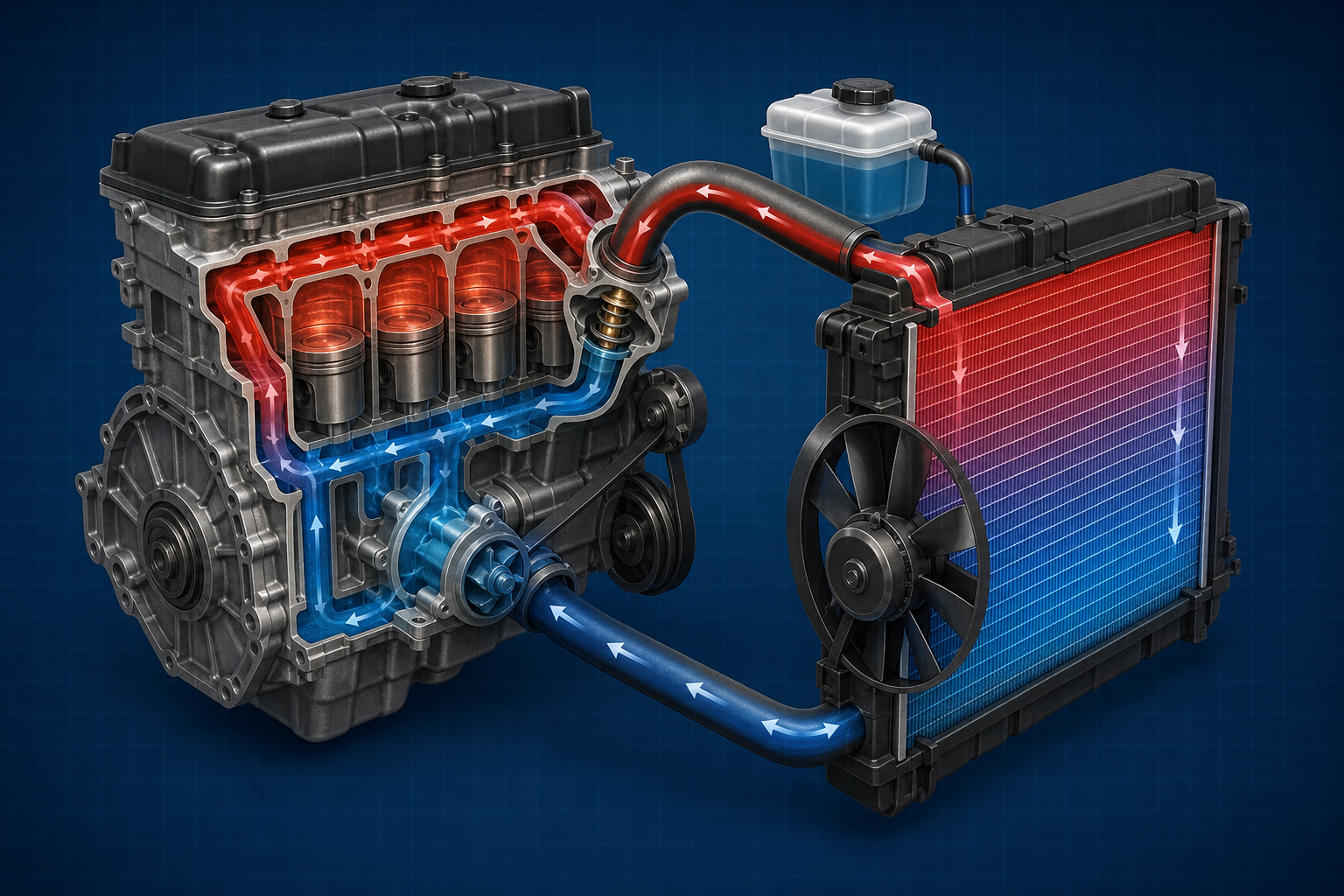 Automobile engine cooling system with radiator and coolant flow
